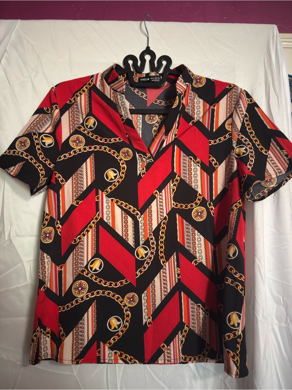 SHEIN Red & Black Chain-Print Short Sleeve Polo